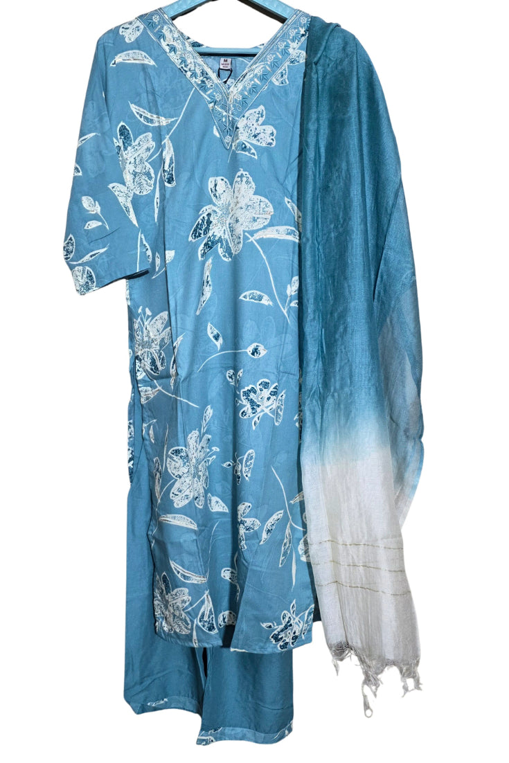 Sky Blue Floral Kurti Set with Dupatta