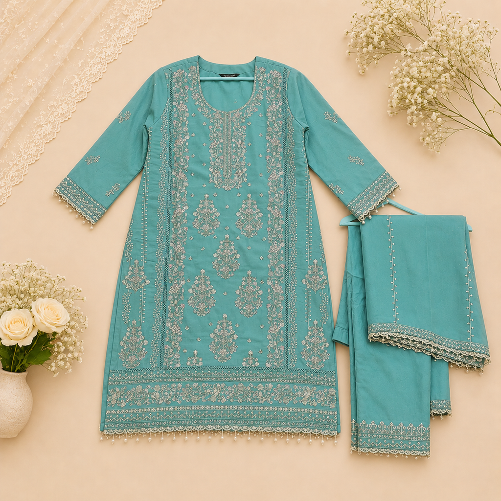 Teal Green Chiffon Embroidered Elegant Suit