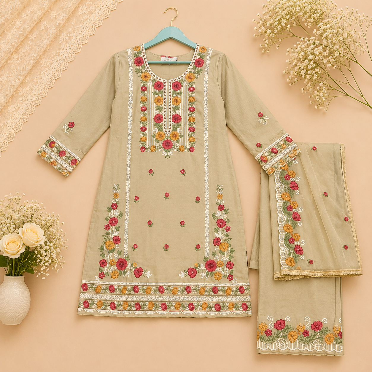Floral Embroidered Kurta Set with Dupatta – Ivory Elegance