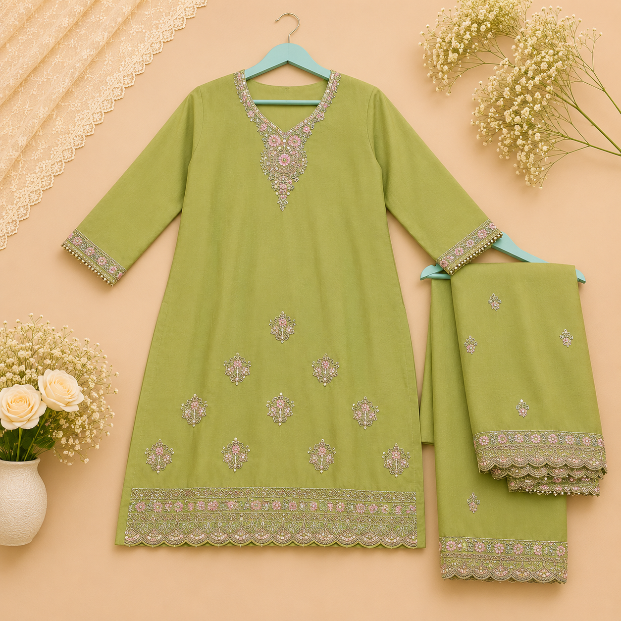 Mehendi Green Chinon Silk Embroidered Sharara Set