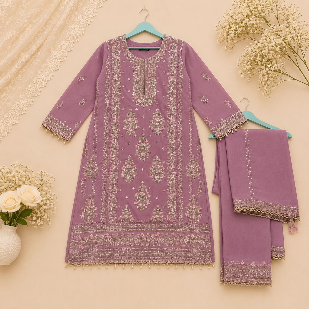 Mauve Rose Chiffon Embroidered Elegant Suit