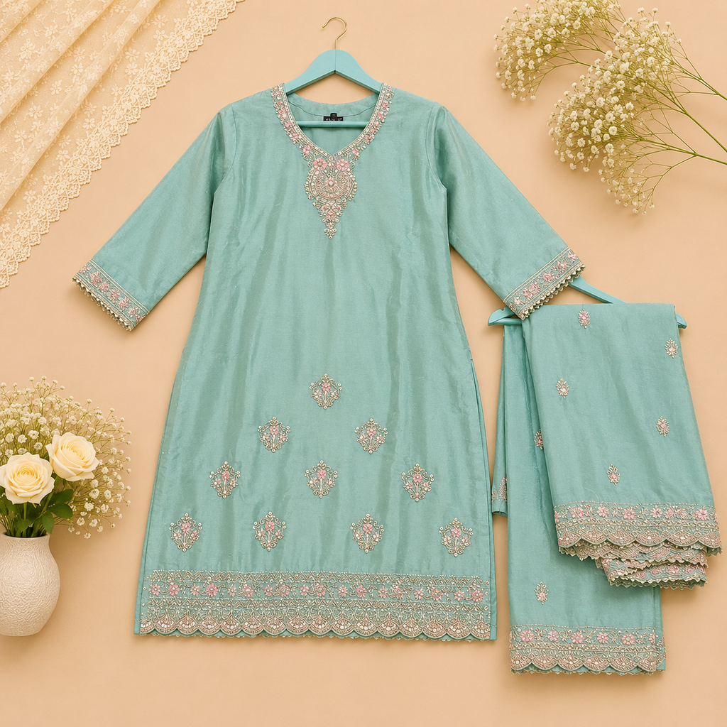 Aqua Mint Chinon Silk Embroidered Sharara Set