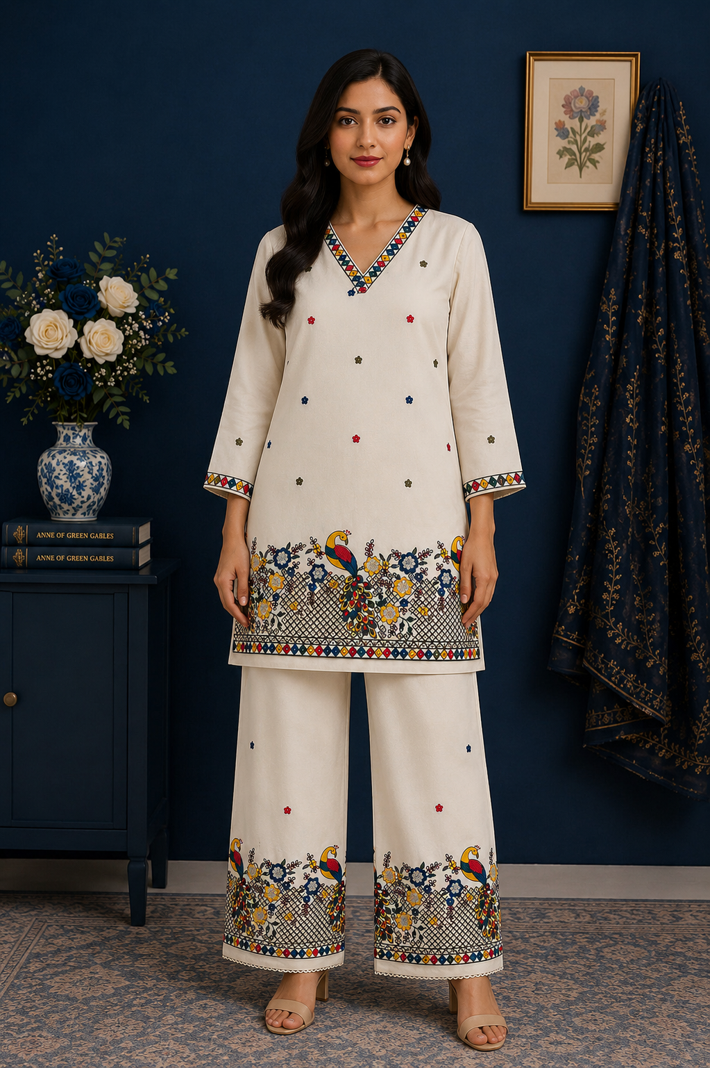 Royal Peacock Ivory Khadi Palazzo Co‑ord Set