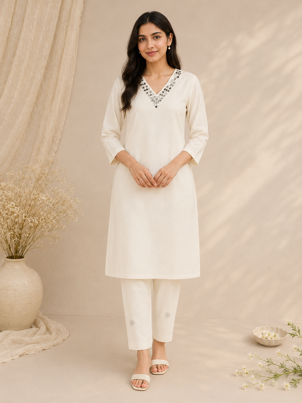 Elegant Khadi Cotton Mirror Work Co-Ord Set