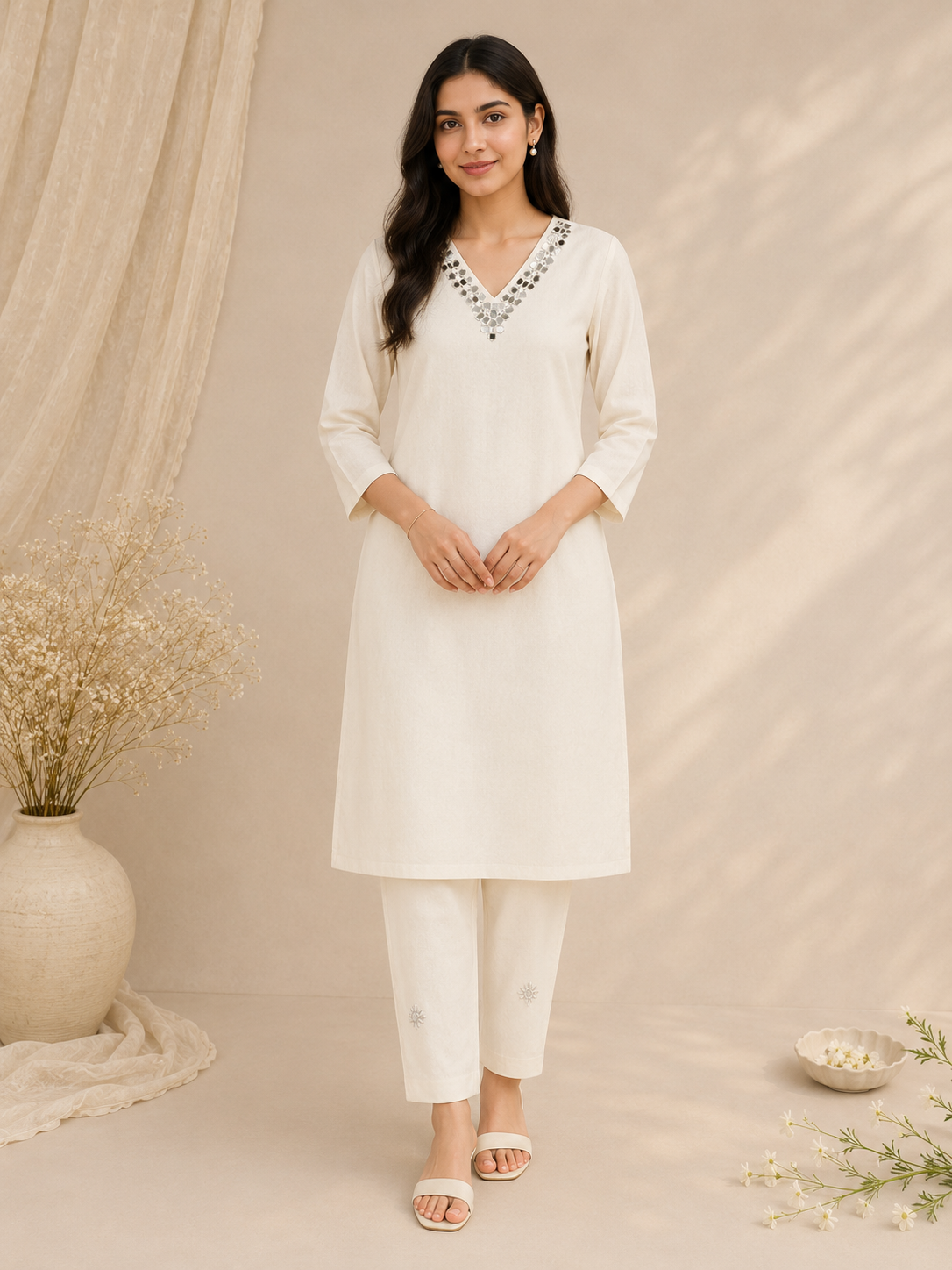 Elegant Khadi Cotton Mirror Work Co-Ord Set