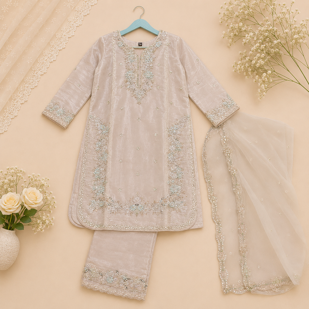 Pastel Pearl Jimmy Chu Organza Designer Embroidered Palazzo Suit