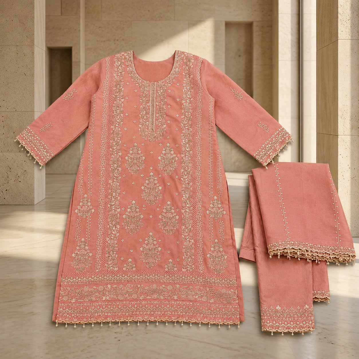 Rust Amber Chiffon Embroidered Elegant Suit