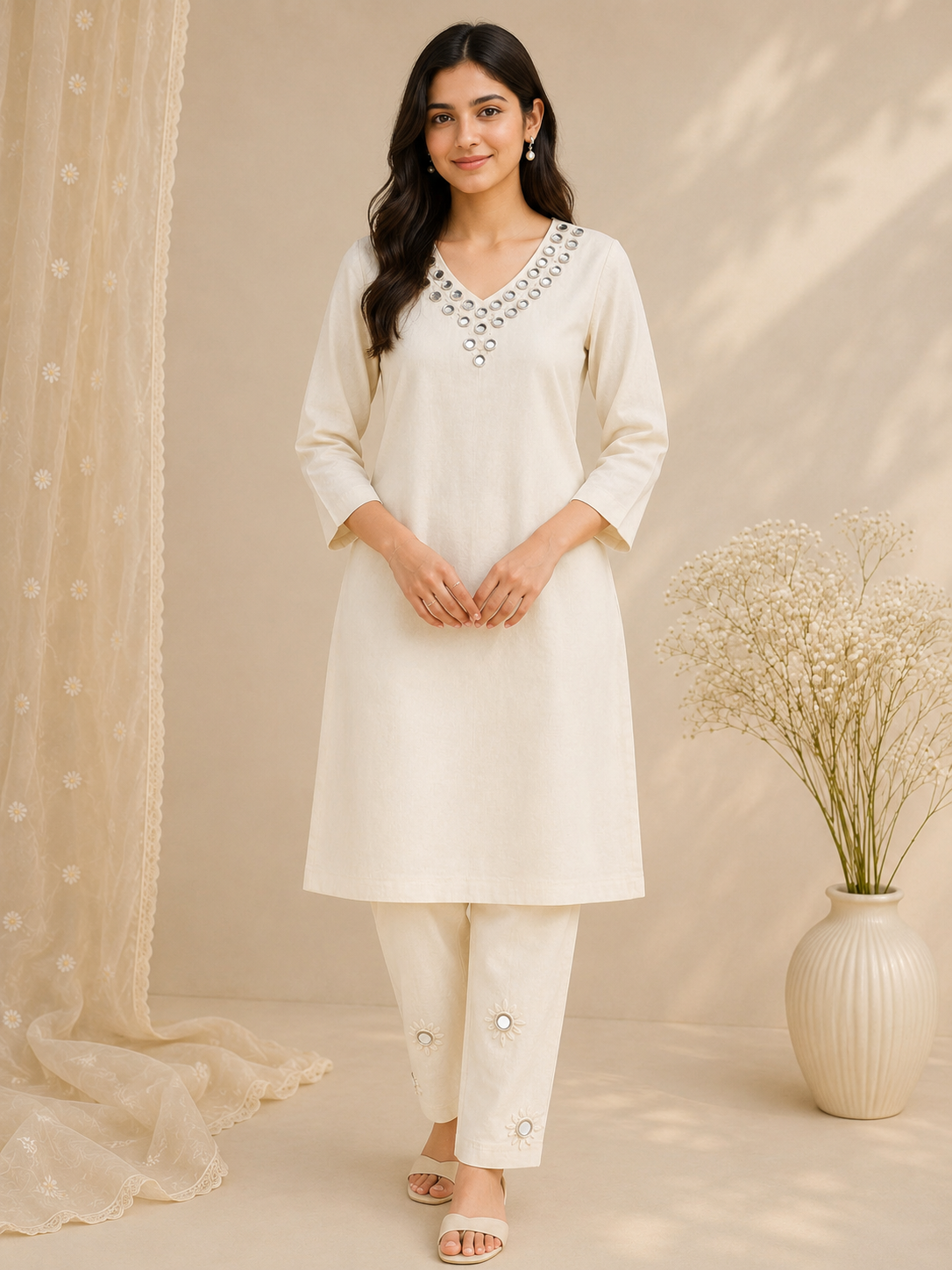 Ivory Glow Mirror Work Khadi Co-Ord Set