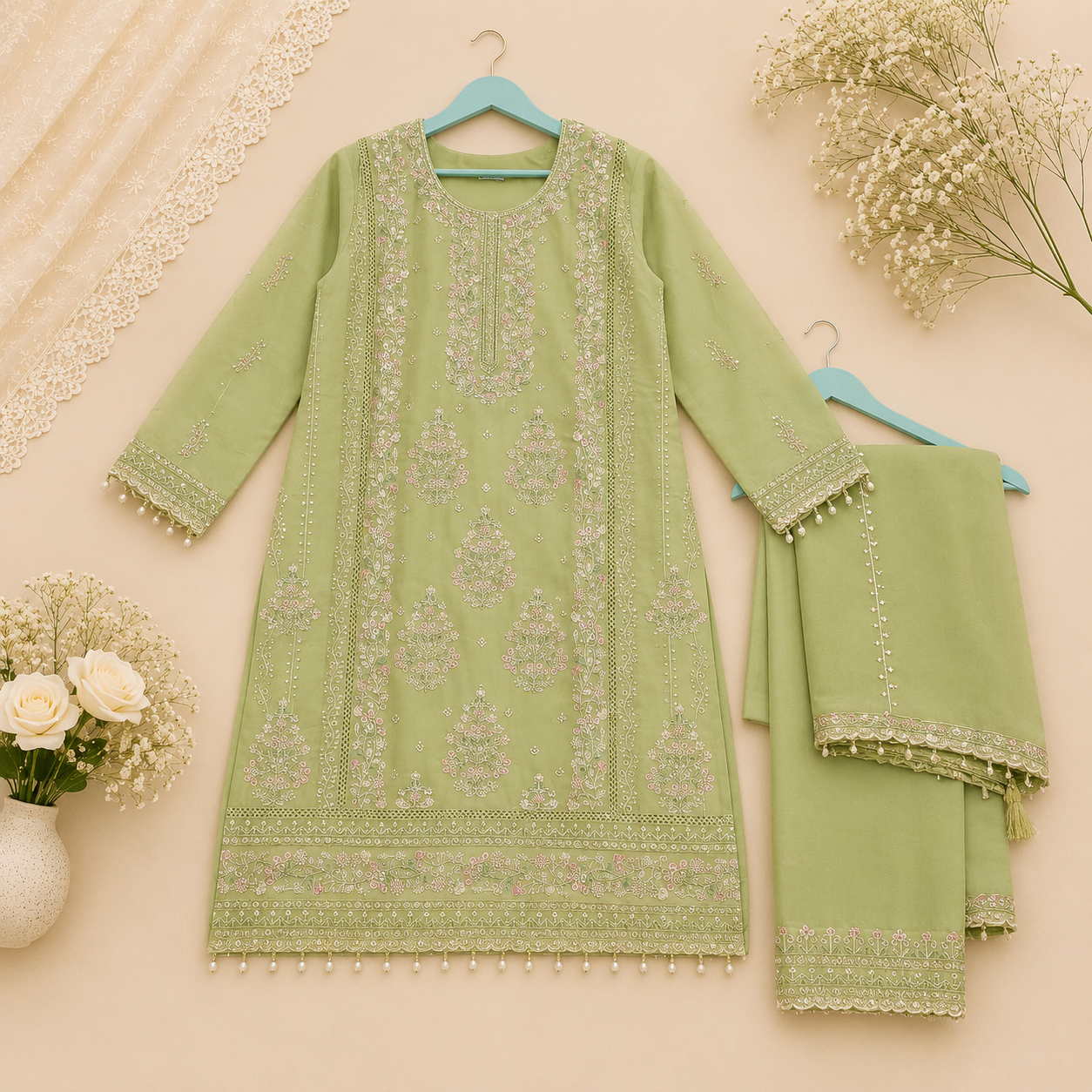 Olive Grace Chiffon Embroidered Suit set