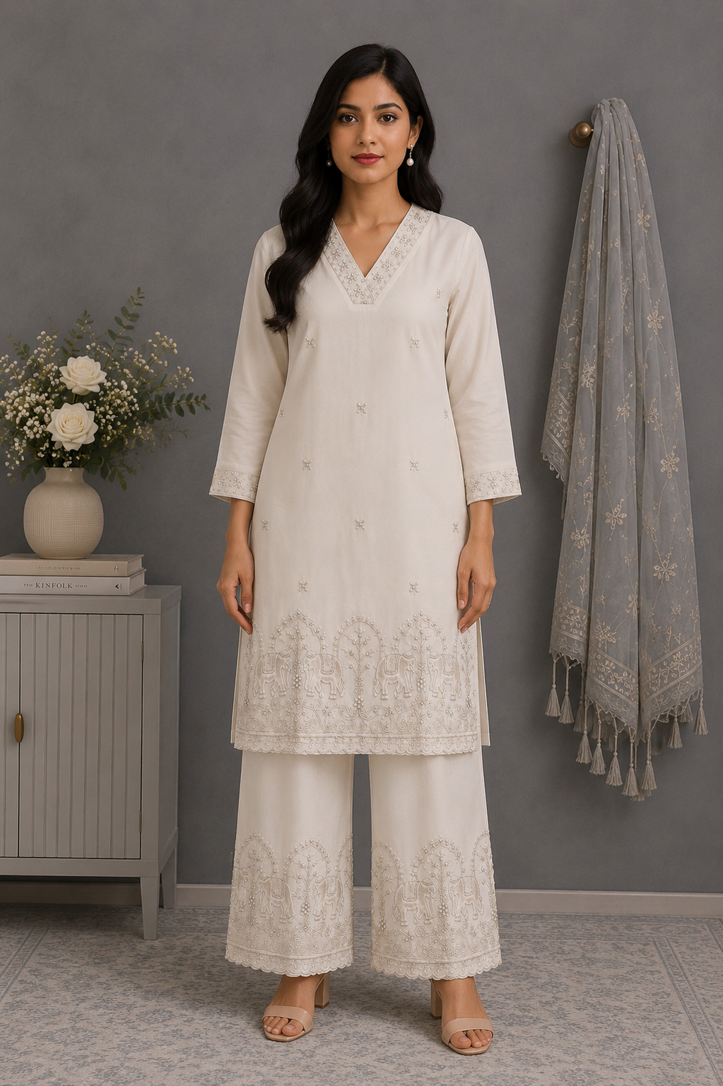 Ivory Royale Khadi Palazzo Co‑ord Set