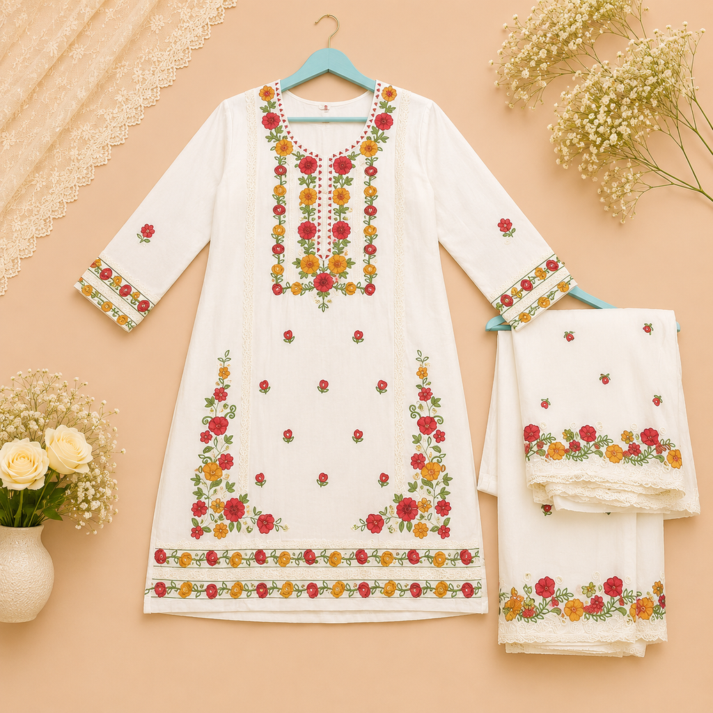 Floral Embroidered Kurta Set with Dupatta – Ivory Elegance