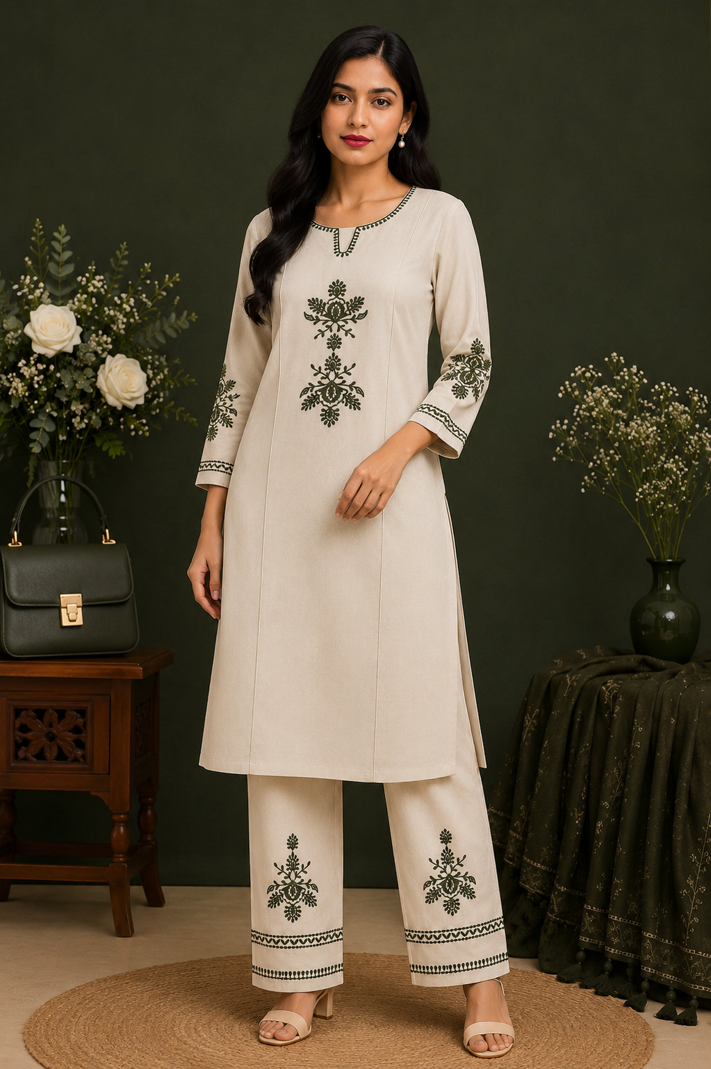 Olive Whisper Khadi Coord Set