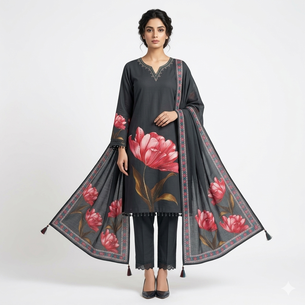Midnight Bloom Printed 3pcs Suit