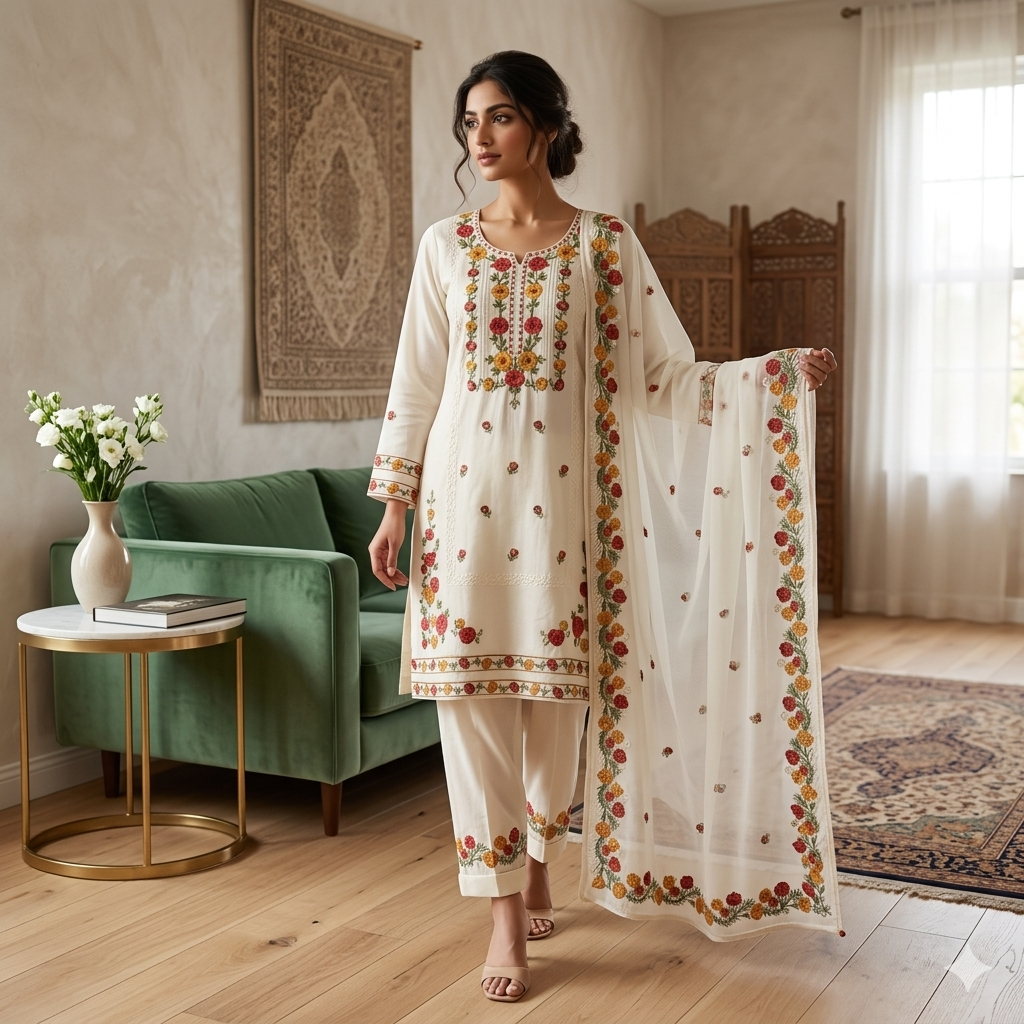 Floral Embroidered Kurta Set with Dupatta – Ivory Elegance
