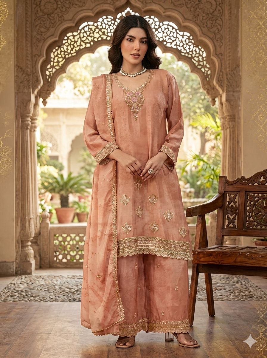 Peach Glow Chinon Silk Embroidered Sharara Set