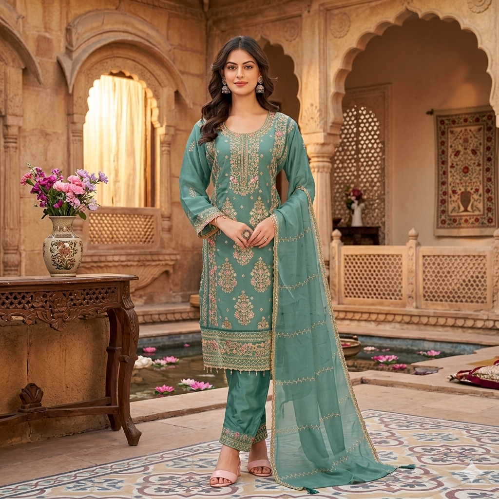 Teal Green Chiffon Embroidered Elegant Suit