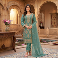 Teal Green Chiffon Embroidered Elegant Suit