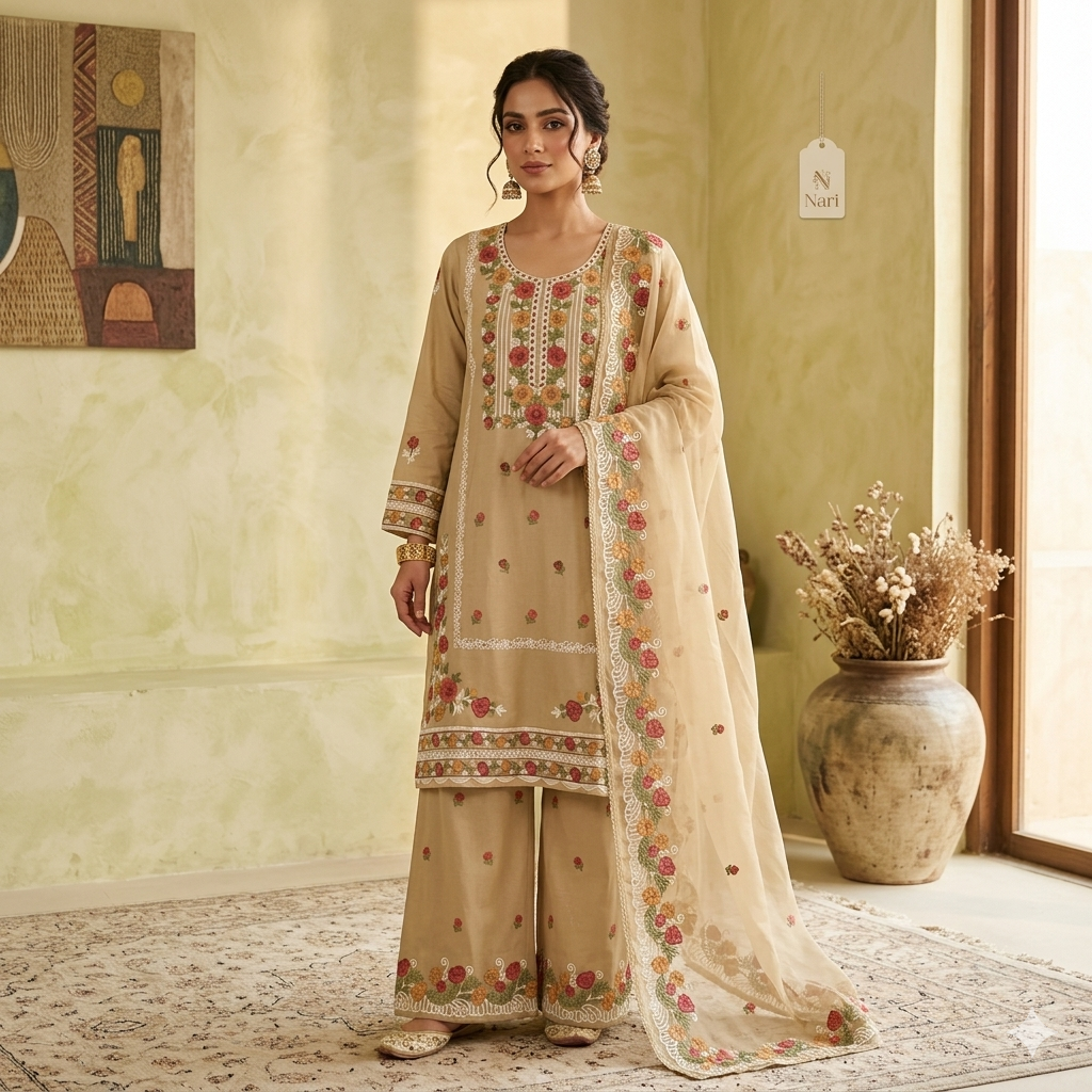 Floral Embroidered Kurta Set with Dupatta – Ivory Elegance