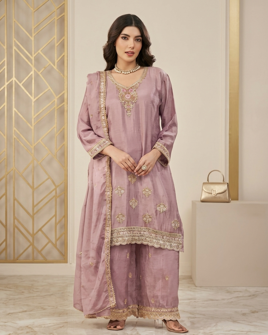 Dusty Mauve Chinon Silk Embroidered Sharara Set